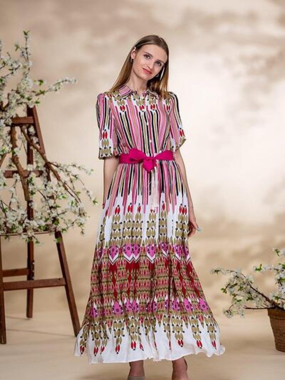 Dixie Pink Patterned Maxi Shirt Dress with Sash